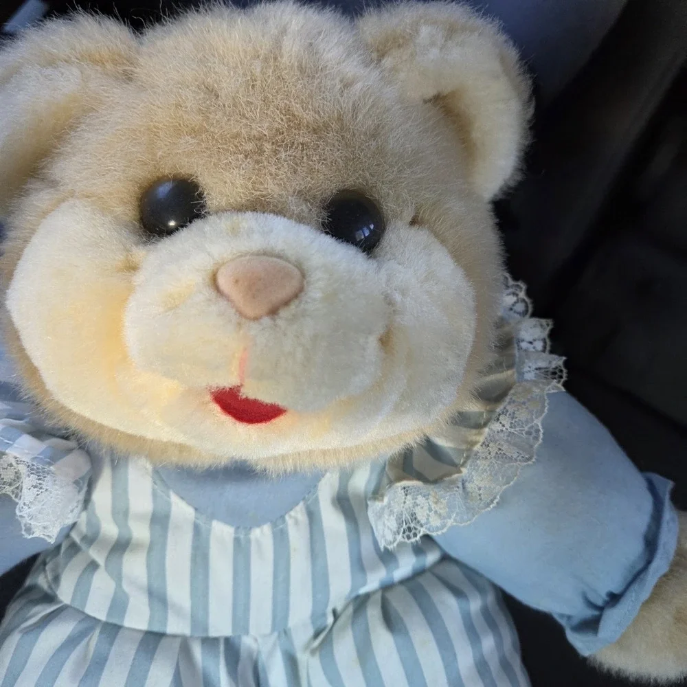 VTG Cuddle Wit Teddy Bear Plush Toy Blue Striped Romper Lace Collar Stuffed Rare